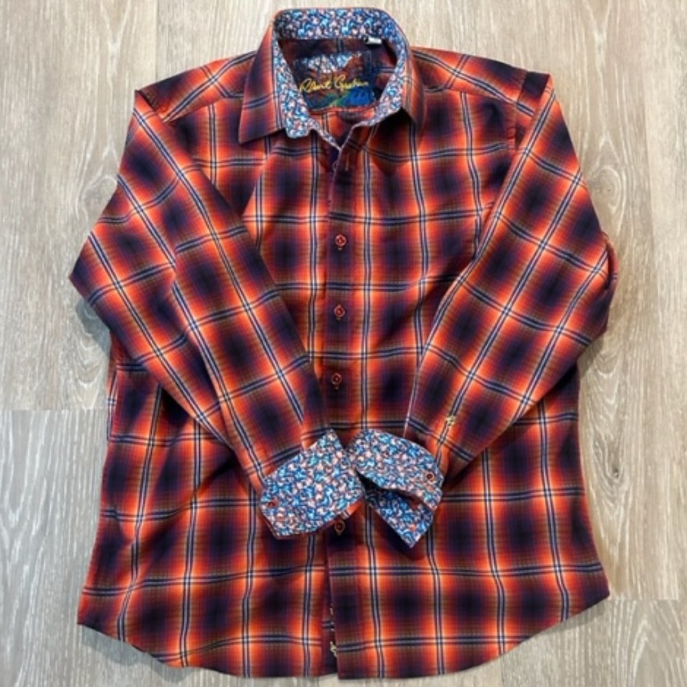 Robert Graham Men’s Classic Fit Flip Cuff Medium Button Shirt Blue Plaid